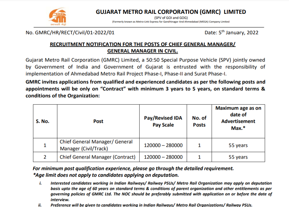 GMRC chief general manager recruitment posts 2022.png